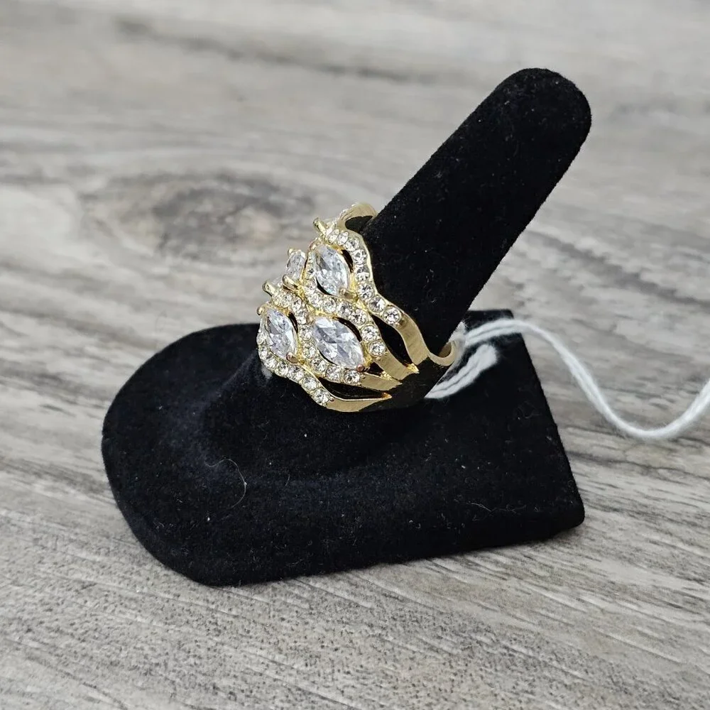 Vintage Gold Tone Multi Row CZ Diamond Cluster Chunky Wide Statement Ring